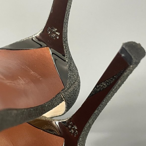 Tory Burch Silver Glitter with Ankle Strap Heel Sandals, Size 7.5M